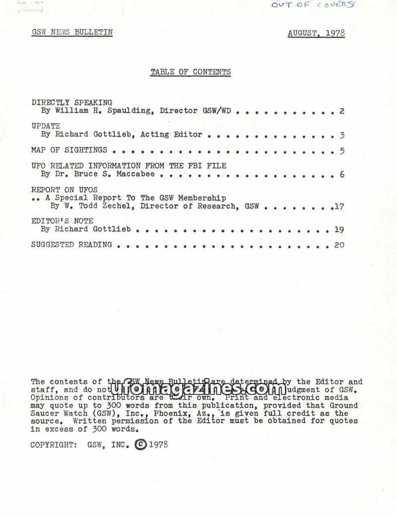 Cover of Ground Saucer Watch Bulletin (Bill Spaulding) issue AUGUST, 1978: GSW NEWS BULLETIN