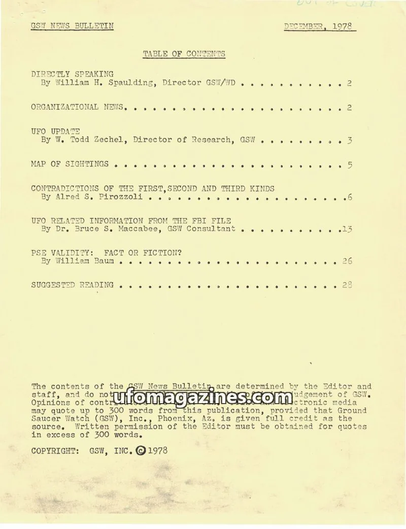 Cover of Ground Saucer Watch Bulletin (Bill Spaulding) issue DECEMBER, 1978: GSW NEWS BULLETIN