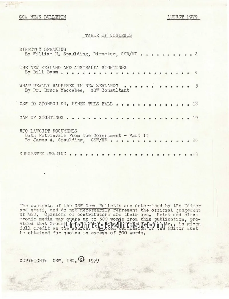 Cover of Ground Saucer Watch Bulletin (Bill Spaulding) issue AUGUST 1979: GSW NEWS BULLETIN