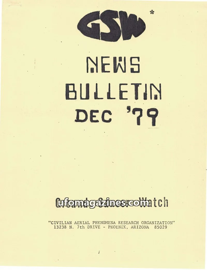 Cover of Ground Saucer Watch Bulletin (Bill Spaulding) issue DEC '79: GSW NEWS BULLETIN