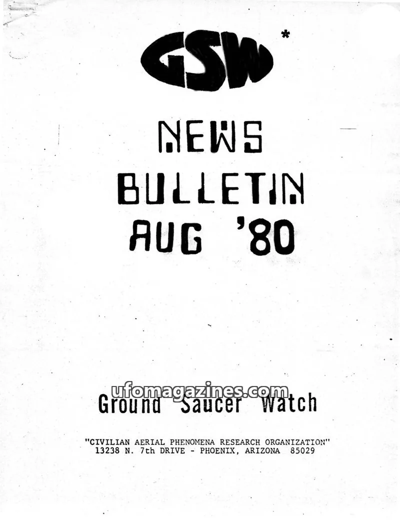Cover of Ground Saucer Watch Bulletin (Bill Spaulding) issue AUG '80: GSW NEWS BULLETIN