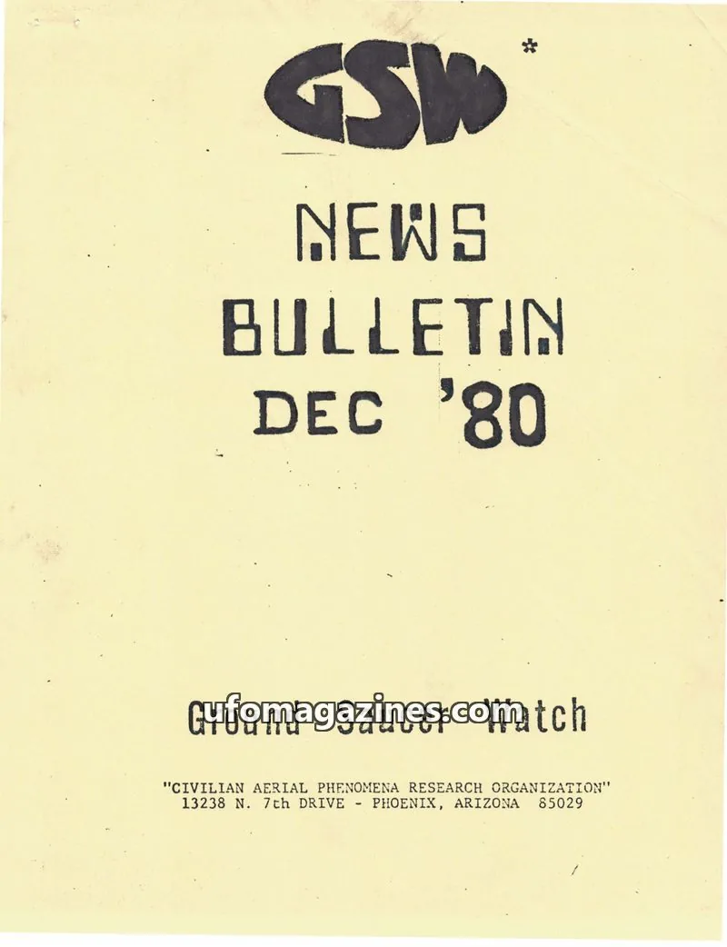 Cover of Ground Saucer Watch Bulletin (Bill Spaulding) issue DEC '80: GSW NEWS BULLETIN