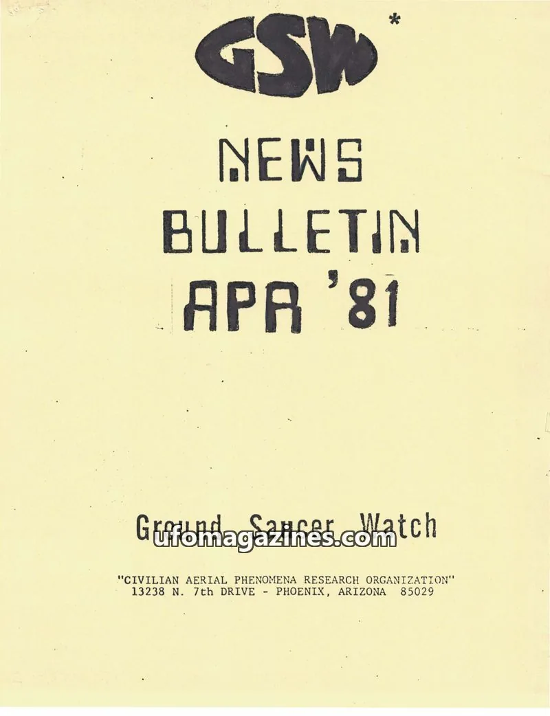 Cover of Ground Saucer Watch Bulletin (Bill Spaulding) issue APA '81: GSW NEWS BULLETIN