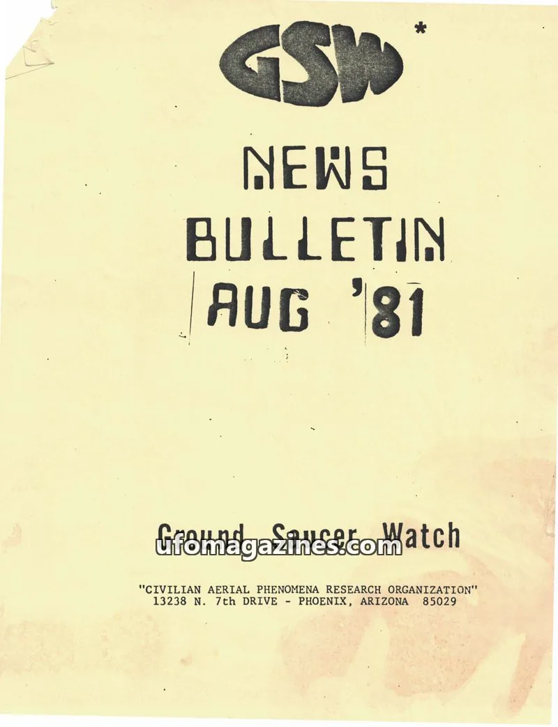 Cover of Ground Saucer Watch Bulletin (Bill Spaulding) issue AUG '81: GSW NEWS BULLETIN