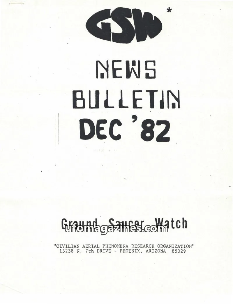 Cover of Ground Saucer Watch Bulletin (Bill Spaulding) issue DEC '82: GSW NEWS BULLETIN