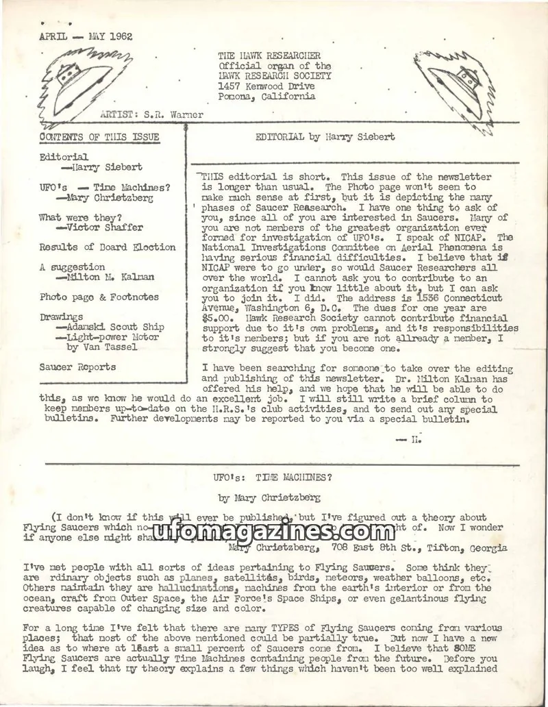 Cover of Hawk Research Society issue April-May 1962: The Hawk Researcher
