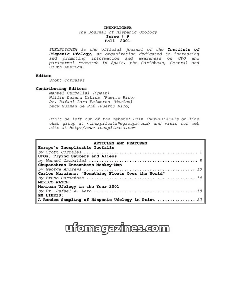 Cover of Institute of Hispanic Ufology issue 9: INEXPLICATA
