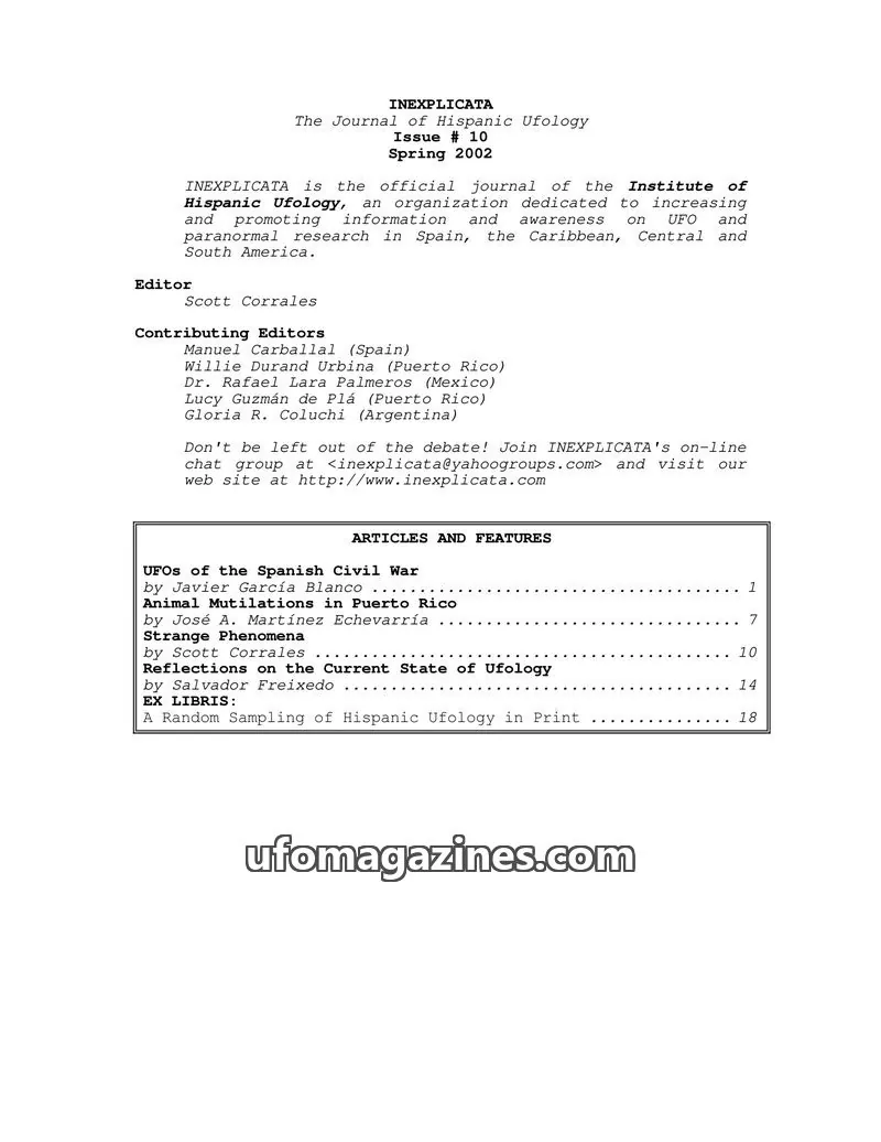 Cover of Institute of Hispanic Ufology issue 10: INEXPLICATA