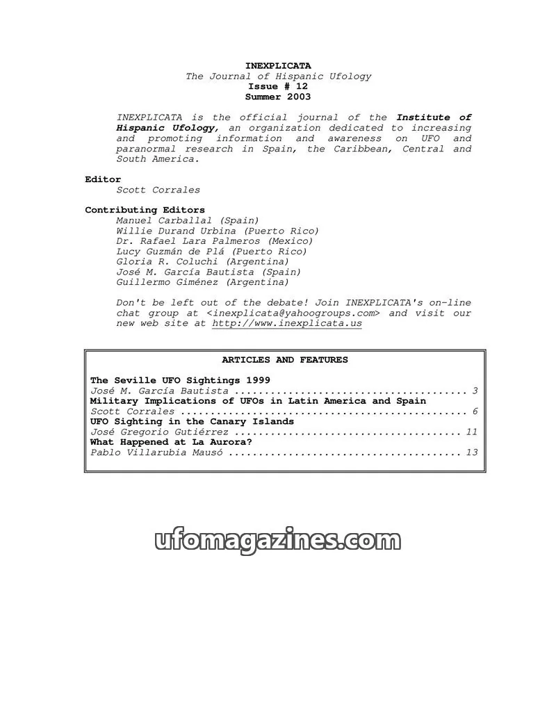 Cover of Institute of Hispanic Ufology issue # 12: INEXPLICATA