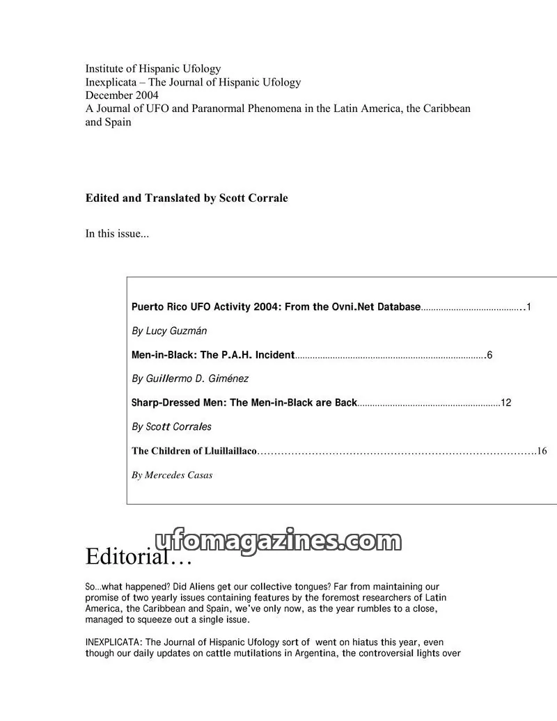 Cover of Institute of Hispanic Ufology issue December 2004: Inexplicata – The Journal of Hispanic Ufology