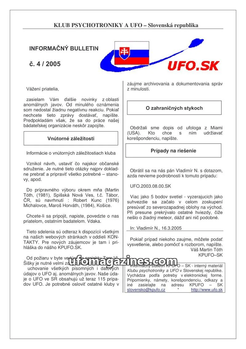 Cover of Informacni bulletin KPUFO SK issue 4/2005: INFORMAČNÝ BULLETIN