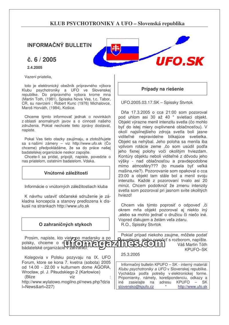 Cover of Informacni bulletin KPUFO SK issue 6 / 2005: INFORMAČNÝ BULLETIN
