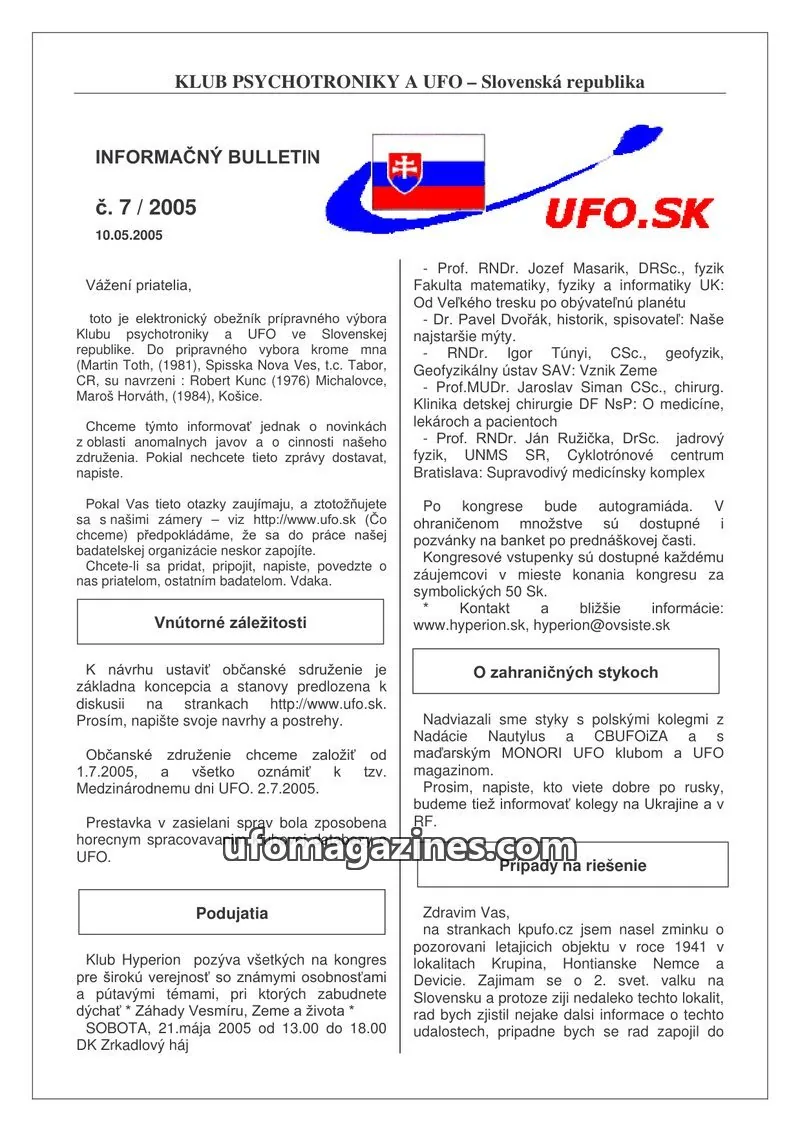 Cover of Informacni bulletin KPUFO SK issue 7/2005: INFORMAČNÝ BULLETIN