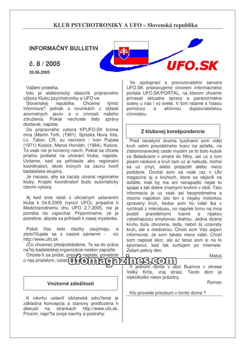 Cover of Informacni bulletin KPUFO SK issue 8/2005: INFORMAČNÝ BULLETIN