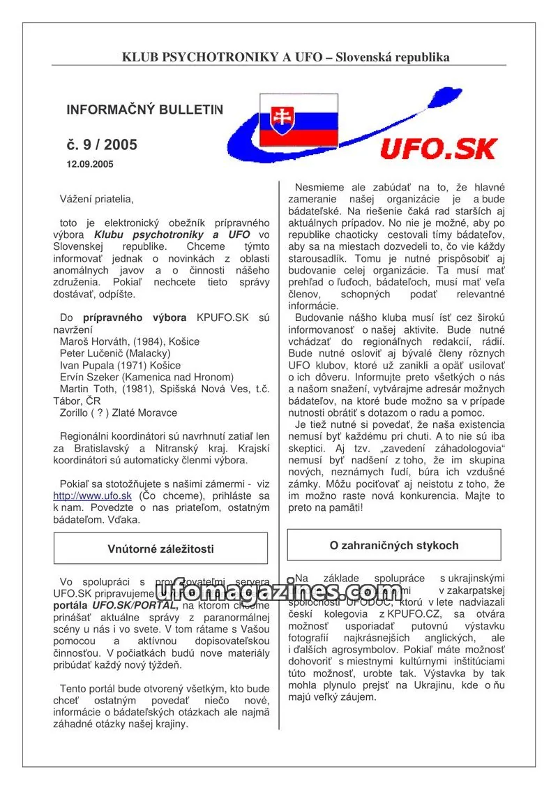 Cover of Informacni bulletin KPUFO SK issue 9/2005: INFORMAČNÝ BULLETIN