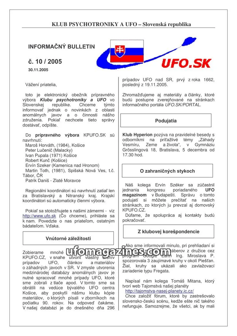 Cover of Informacni bulletin KPUFO SK issue 10 / 2005: INFORMAČNÝ BULLETIN