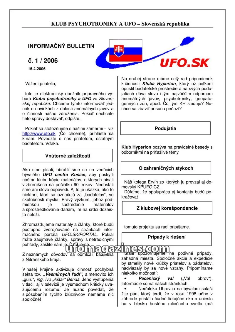 Cover of Informacni bulletin KPUFO SK issue 1/2006: INFORMAČNÝ BULLETIN