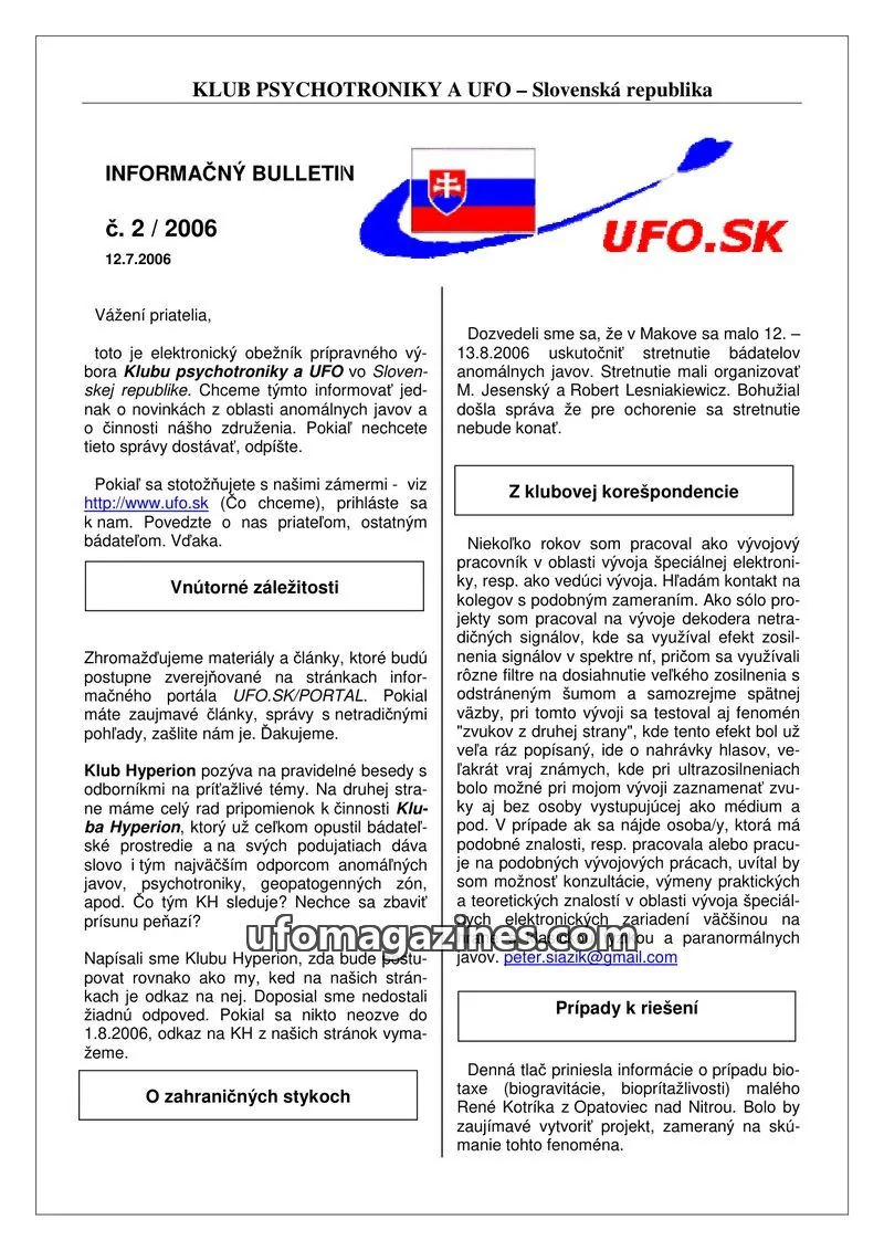 Cover of Informacni bulletin KPUFO SK issue 2/2006: KLUB PSYCHOTRONIKY A UFO