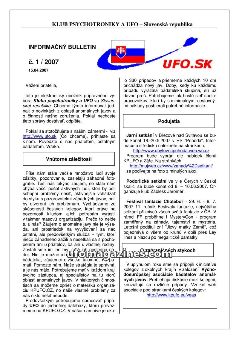 Cover of Informacni bulletin KPUFO SK issue 1/2007: INFORMAČNÝ BULLETIN