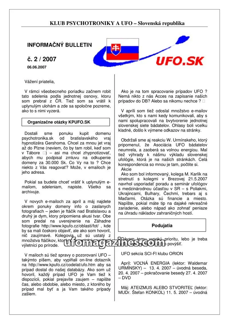 Cover of Informacni bulletin KPUFO SK issue 2/2007: KLUB PSYCHOTRONIKY A UFO – Slovenská republika
