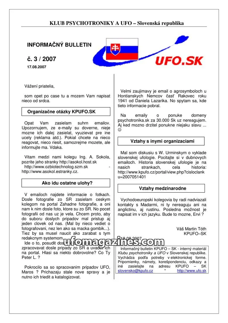 Cover of Informacni bulletin KPUFO SK issue 3/2007: INFORMAČNÝ BULLETIN