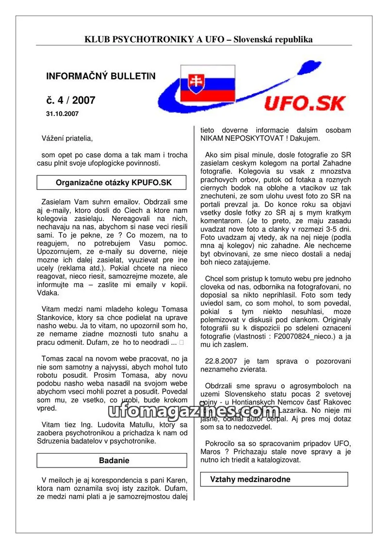 Cover of Informacni bulletin KPUFO SK issue 4/2007: INFORMAČNÝ BULLETIN