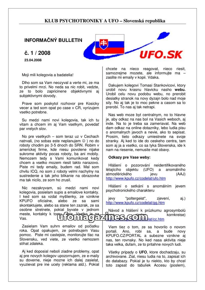 Cover of Informacni bulletin KPUFO SK issue 1/2008: INFORMAČNÝ BULLETIN