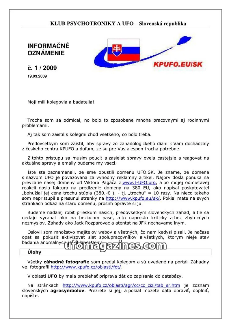 Cover of Informacni bulletin KPUFO SK issue 1/2009: KLUB PSYCHOTRONIKY A UFO
