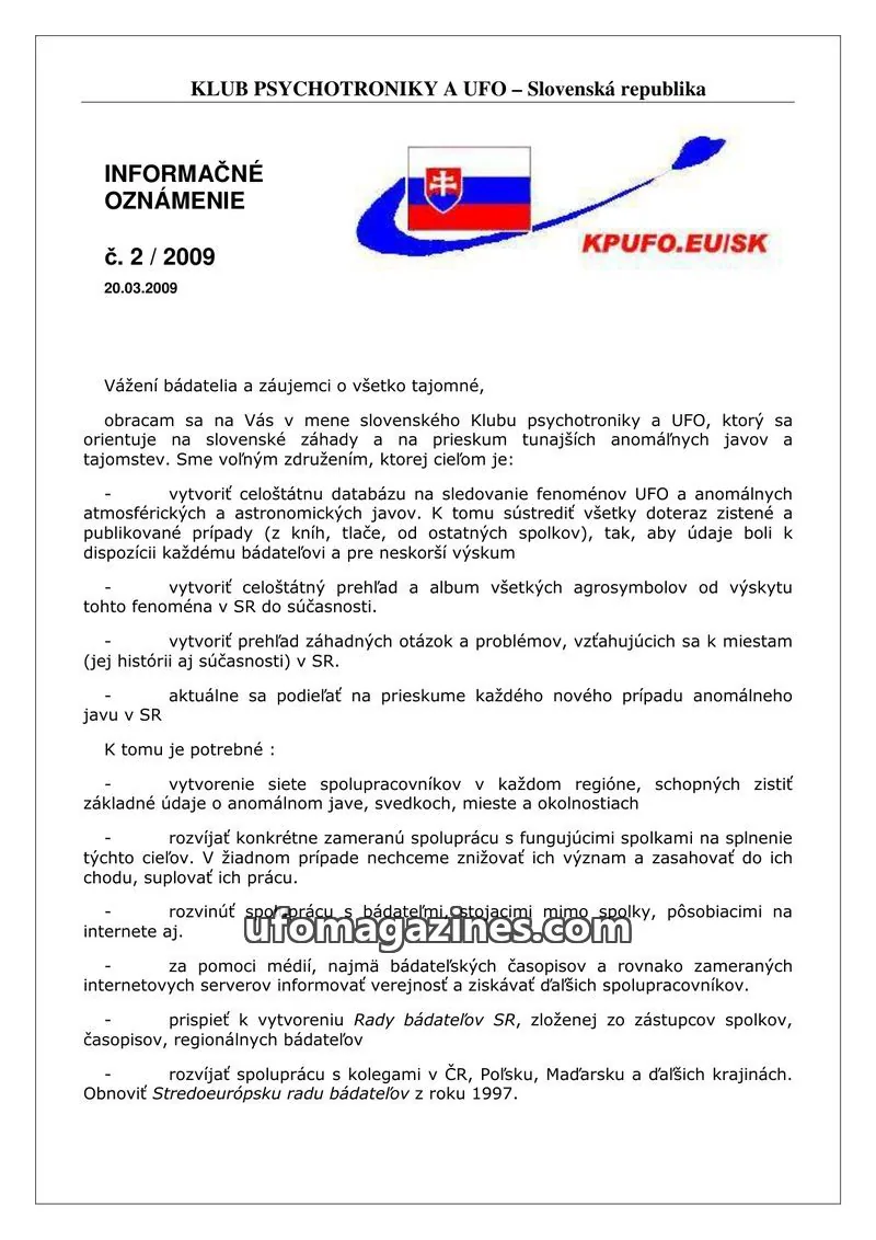 Cover of Informacni bulletin KPUFO SK issue 2/2009: INFORMAČNÉ OZNÁMENIE