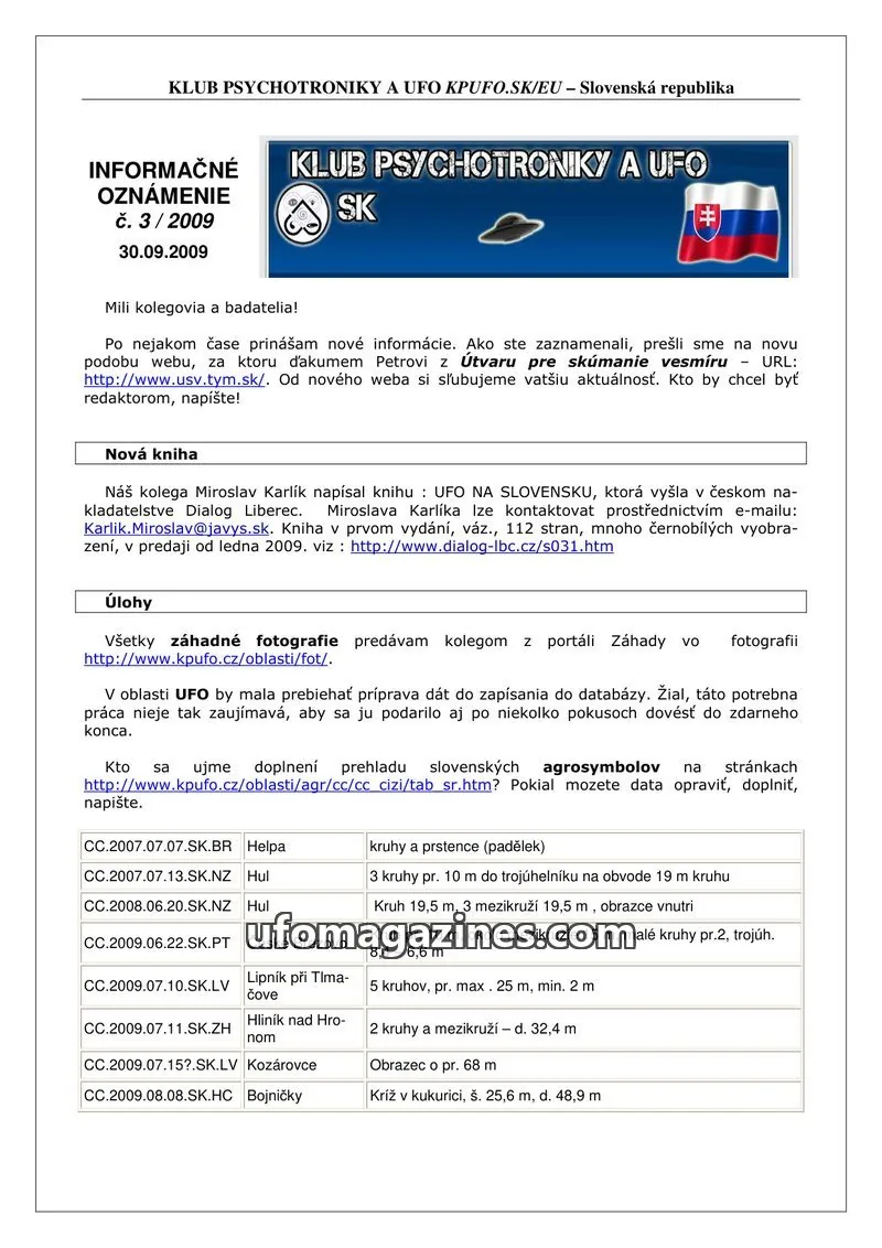 Cover of Informacni bulletin KPUFO SK issue 3/2009: KLUB PSYCHOTRONIKY A UFO KPUFO.SK/EU