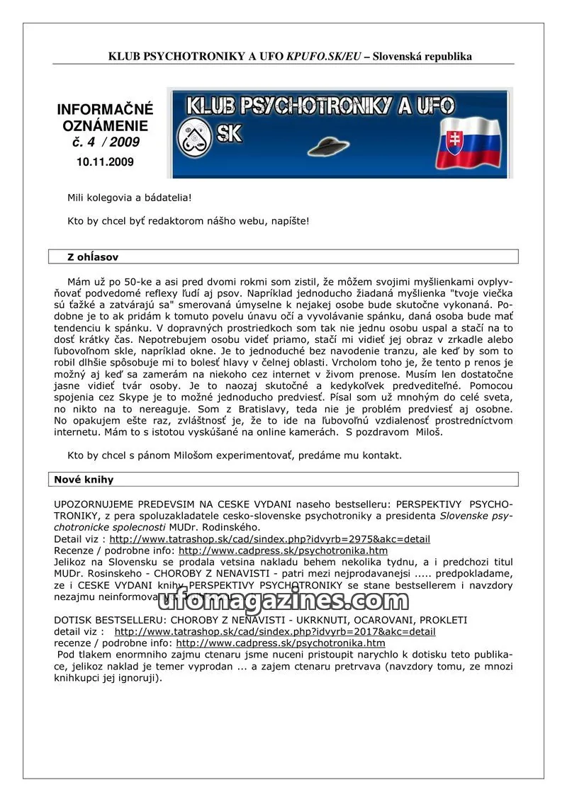 Cover of Informacni bulletin KPUFO SK issue 4/2009: KLUB PSYCHOTRONIKY A UFO KPUFO.SK/EU
