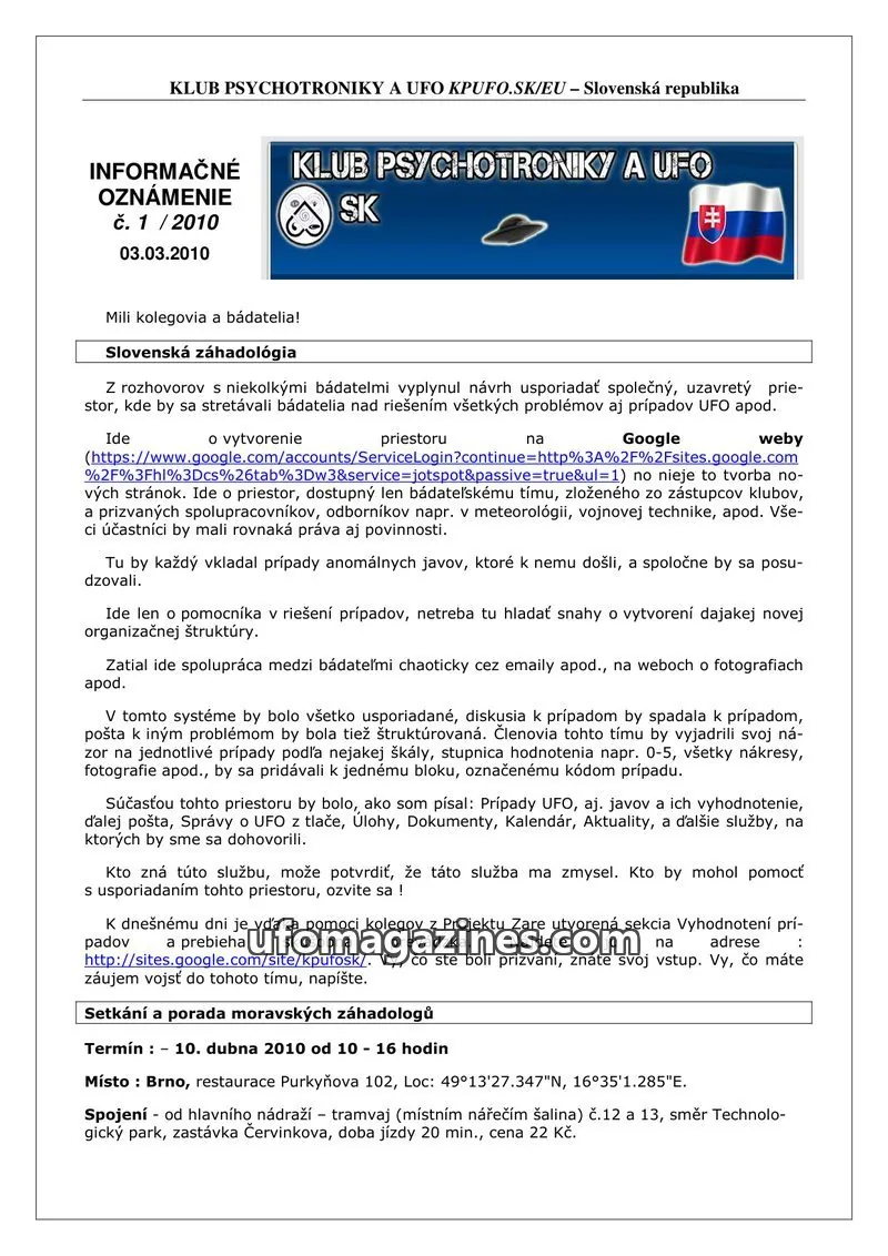 Cover of Informacni bulletin KPUFO SK issue 1/2010: KLUB PSYCHOTRONIKY A UFO KPUFO.SK/EU