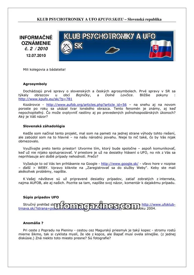 Cover of Informacni bulletin KPUFO SK issue 2/2010: KLUB PSYCHOTRONIKY A UFO KPUFO.SK/EU