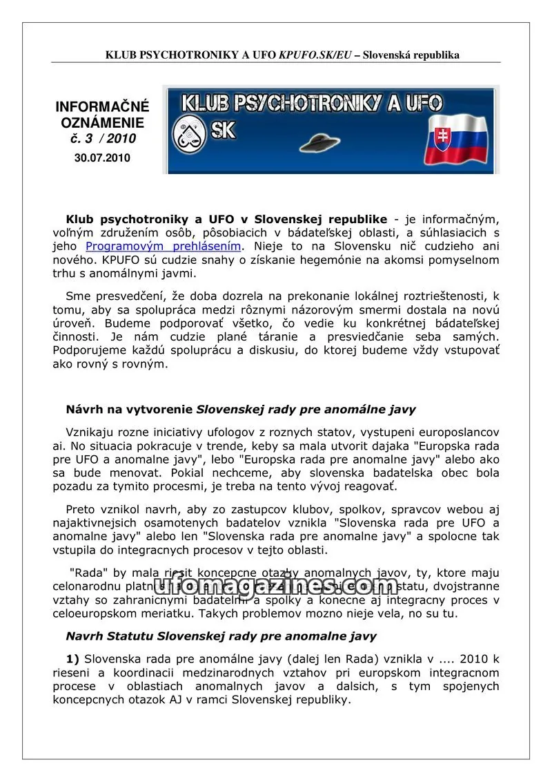 Cover of Informacni bulletin KPUFO SK issue 3/2010: KLUB PSYCHOTRONIKY A UFO KPUFO.SK/EU – Slovenská republika