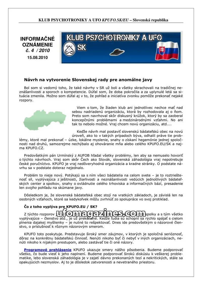 Cover of Informacni bulletin KPUFO SK issue 4/2010: KLUB PSYCHOTRONIKY A UFO KPUFO.SK/EU
