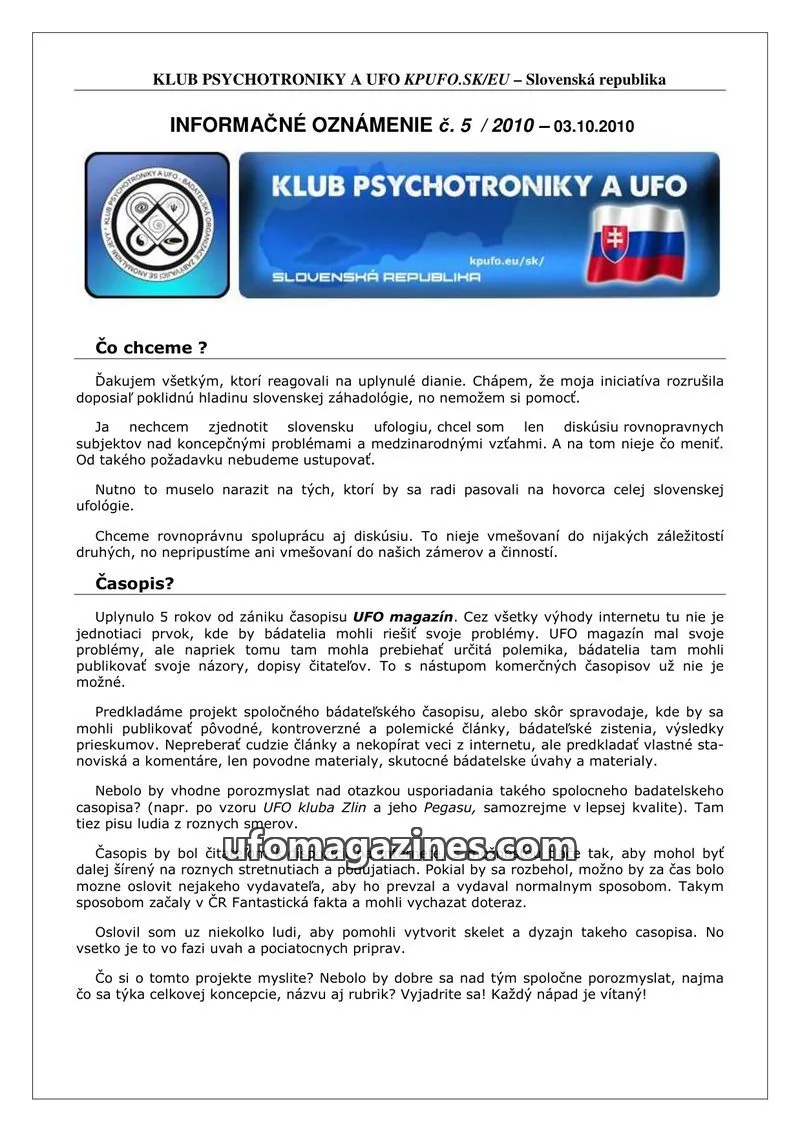 Cover of Informacni bulletin KPUFO SK issue 5 / 2010: KLUB PSYCHOTRONIKY A UFO KPUFO.SK/EU