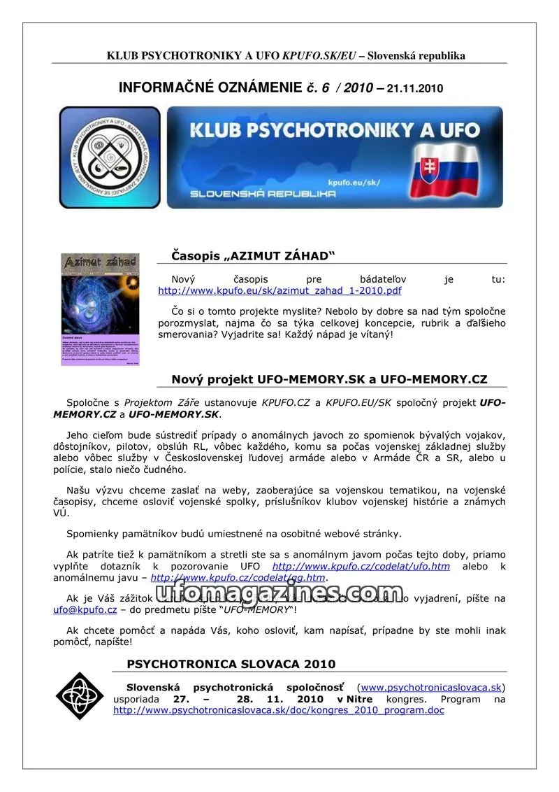 Cover of Informacni bulletin KPUFO SK issue 6: KLUB PSYCHOTRONIKY A UFO KPUFO.SK/EU