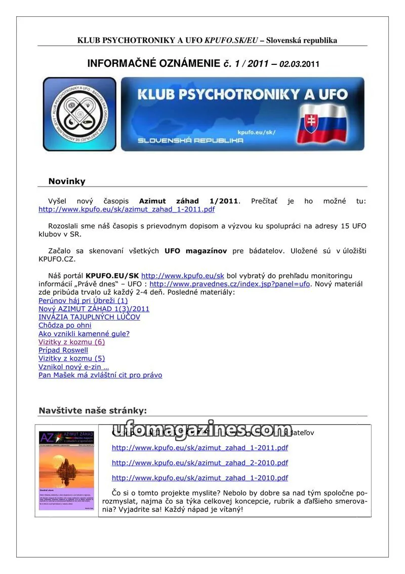 Cover of Informacni bulletin KPUFO SK issue 1/2011: KLUB PSYCHOTRONIKY A UFO KPUFO.SK/EU – Slovenská republika