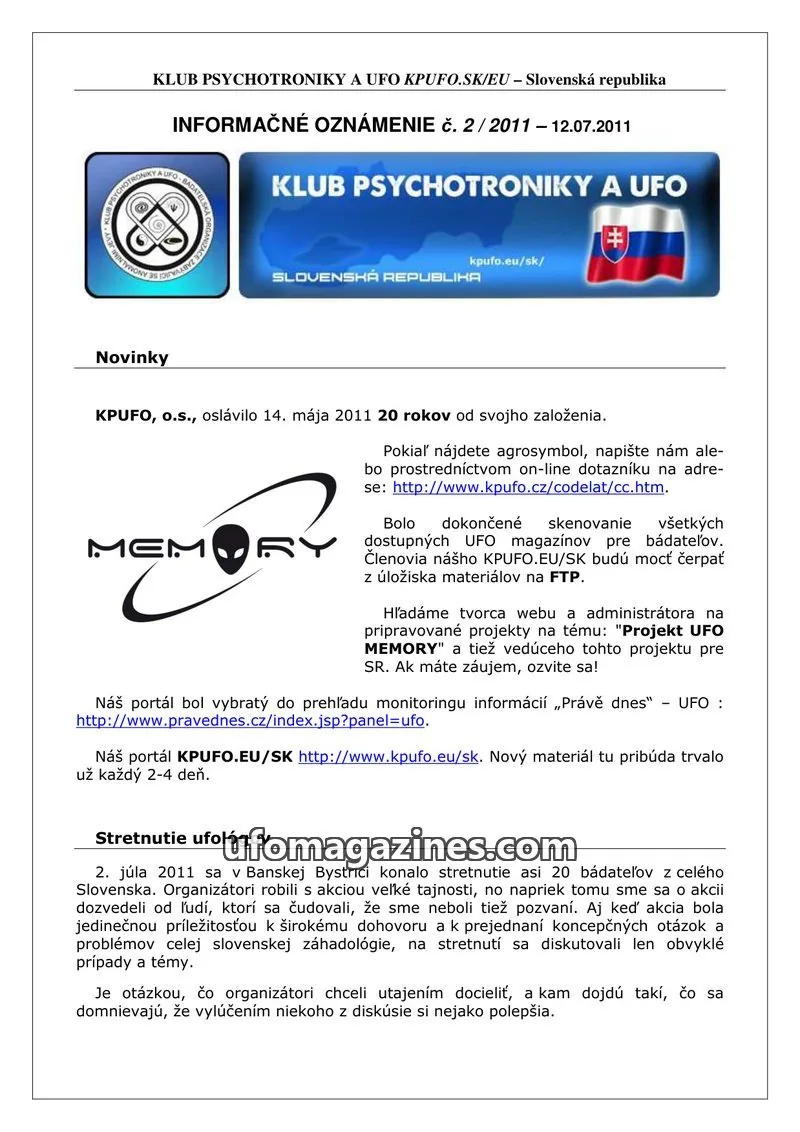 Cover of Informacni bulletin KPUFO SK issue 2 / 2011: KLUB PSYCHOTRONIKY A UFO KPUFO.SK/EU