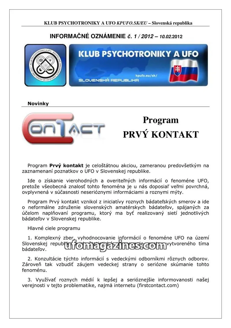 Cover of Informacni bulletin KPUFO SK issue 1 / 2012: KLUB PSYCHOTRONIKY A UFO KPUFO.SK/EU – Slovenská republika