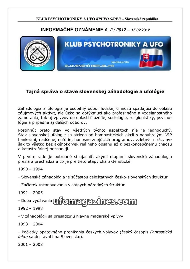 Cover of Informacni bulletin KPUFO SK issue 2 / 2012: KLUB PSYCHOTRONIKY A UFO KPUFO.SK/EU – Slovenská republika