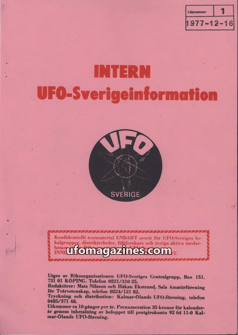 Cover of Intern UFO-Sverigeinformation (UFO-Sverige) issue 1: INTERN UFO-Sverigeinformation
