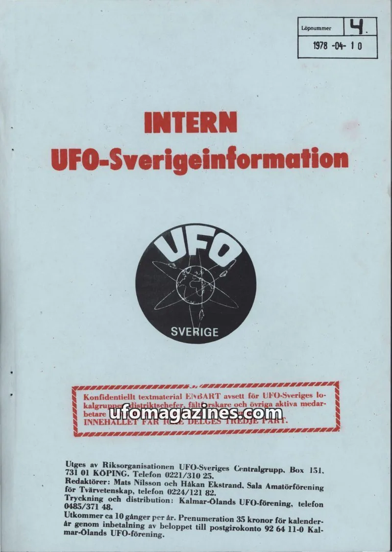 Cover of Intern UFO-Sverigeinformation (UFO-Sverige) issue 4: INTERN UFO-Sverigeinformation