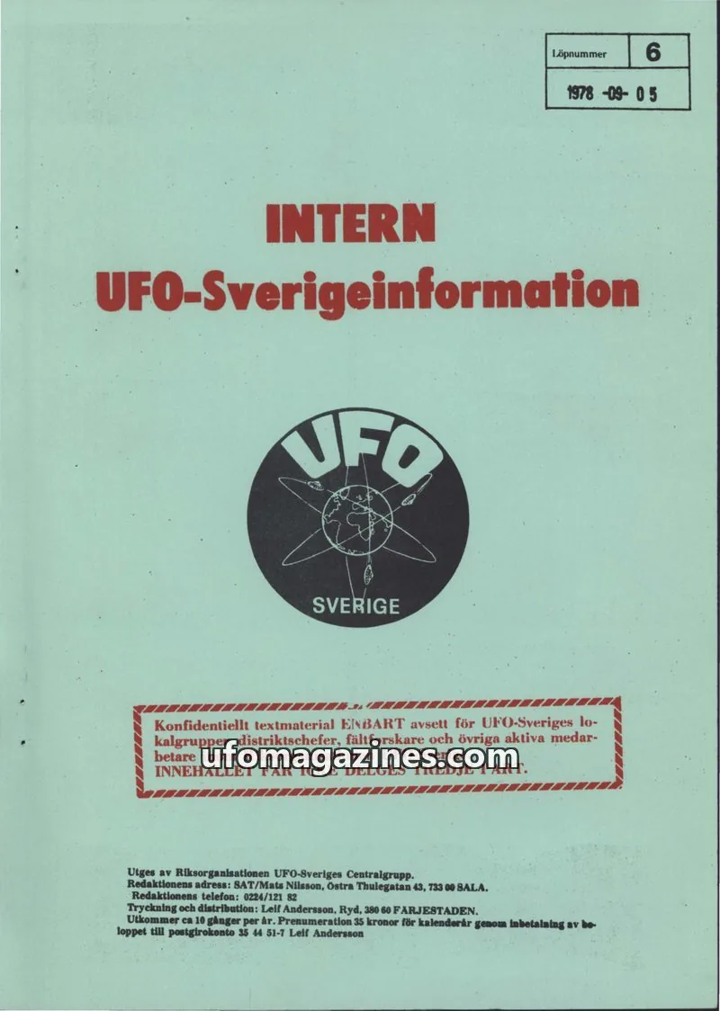Cover of Intern UFO-Sverigeinformation (UFO-Sverige) issue 6: INTERN UFO-Sverigeinformation
