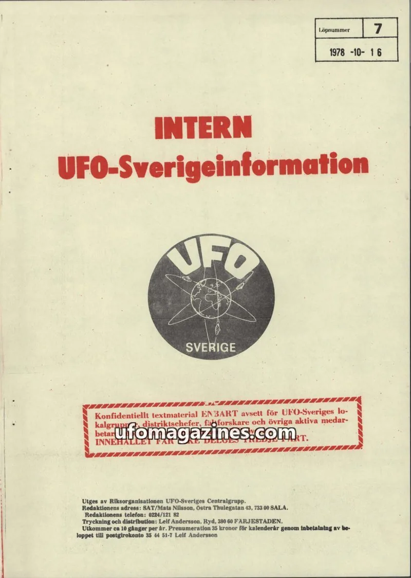 Cover of Intern UFO-Sverigeinformation (UFO-Sverige) issue 7: INTERN UFO-Sverigeinformation