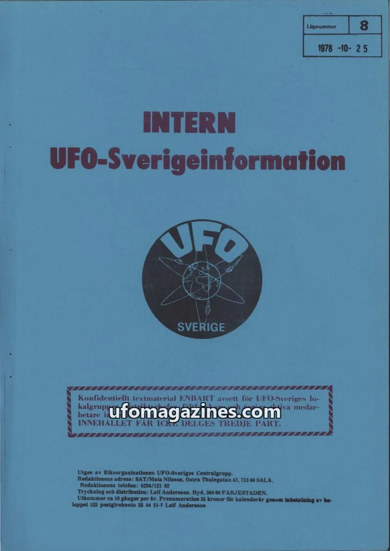 Cover of Intern UFO-Sverigeinformation (UFO-Sverige) issue 8: INTERN UFO-Sverigeinformation