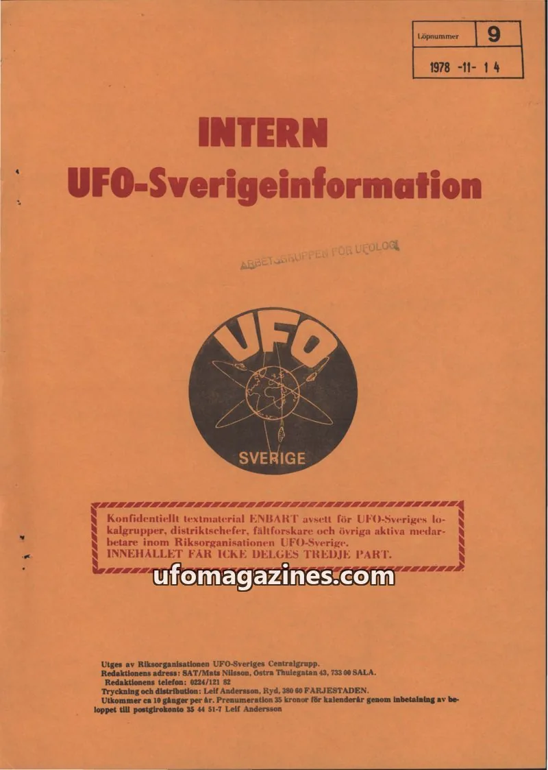 Cover of Intern UFO-Sverigeinformation (UFO-Sverige) issue 9: INTERN UFO-Sverigeinformation
