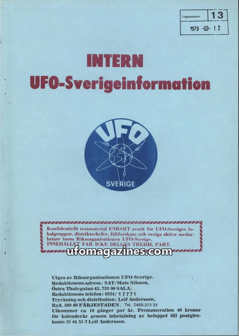 Cover of Intern UFO-Sverigeinformation (UFO-Sverige) issue 13: INTERN UFO-Sverigeinformation