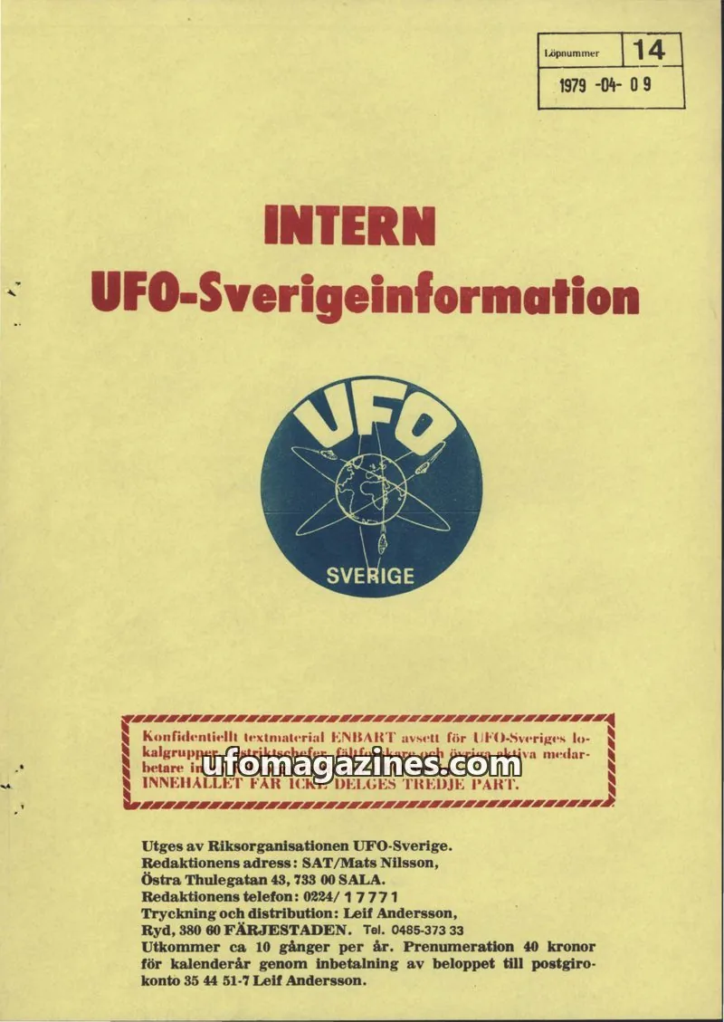 Cover of Intern UFO-Sverigeinformation (UFO-Sverige) issue 14: INTERN UFO-Sverigeinformation