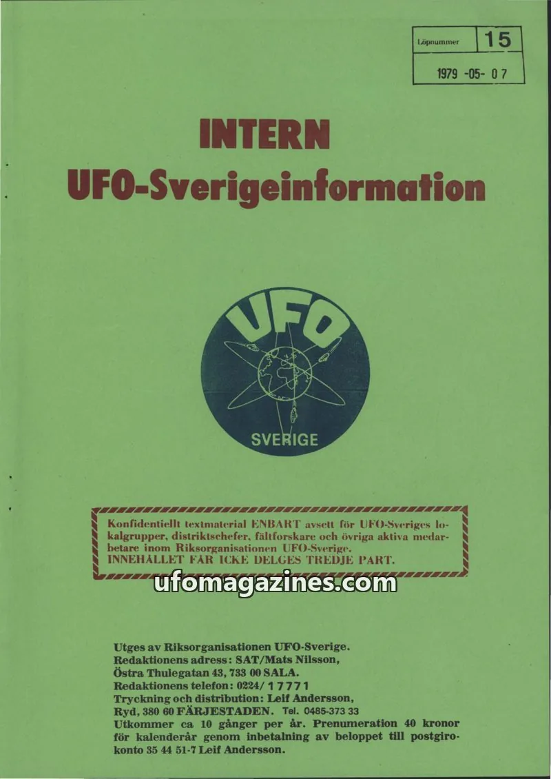 Cover of Intern UFO-Sverigeinformation (UFO-Sverige) issue 15: INTERN UFO-Sverigeinformation
